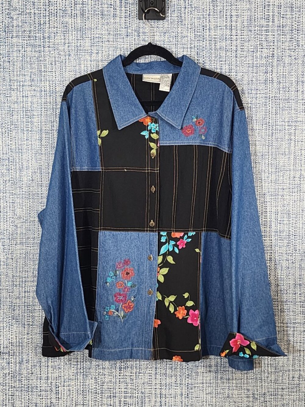 Napa Valley Vintage 90s Patchwork Denim Floral Shirt Jacket Womens 2X Embroidere